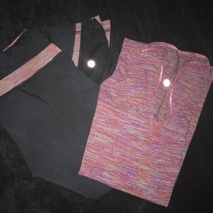 Matching Black/multicolor lululeman workout set.